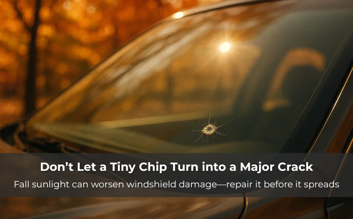 Fall sunlight worsening a small windshield chip in Toronto